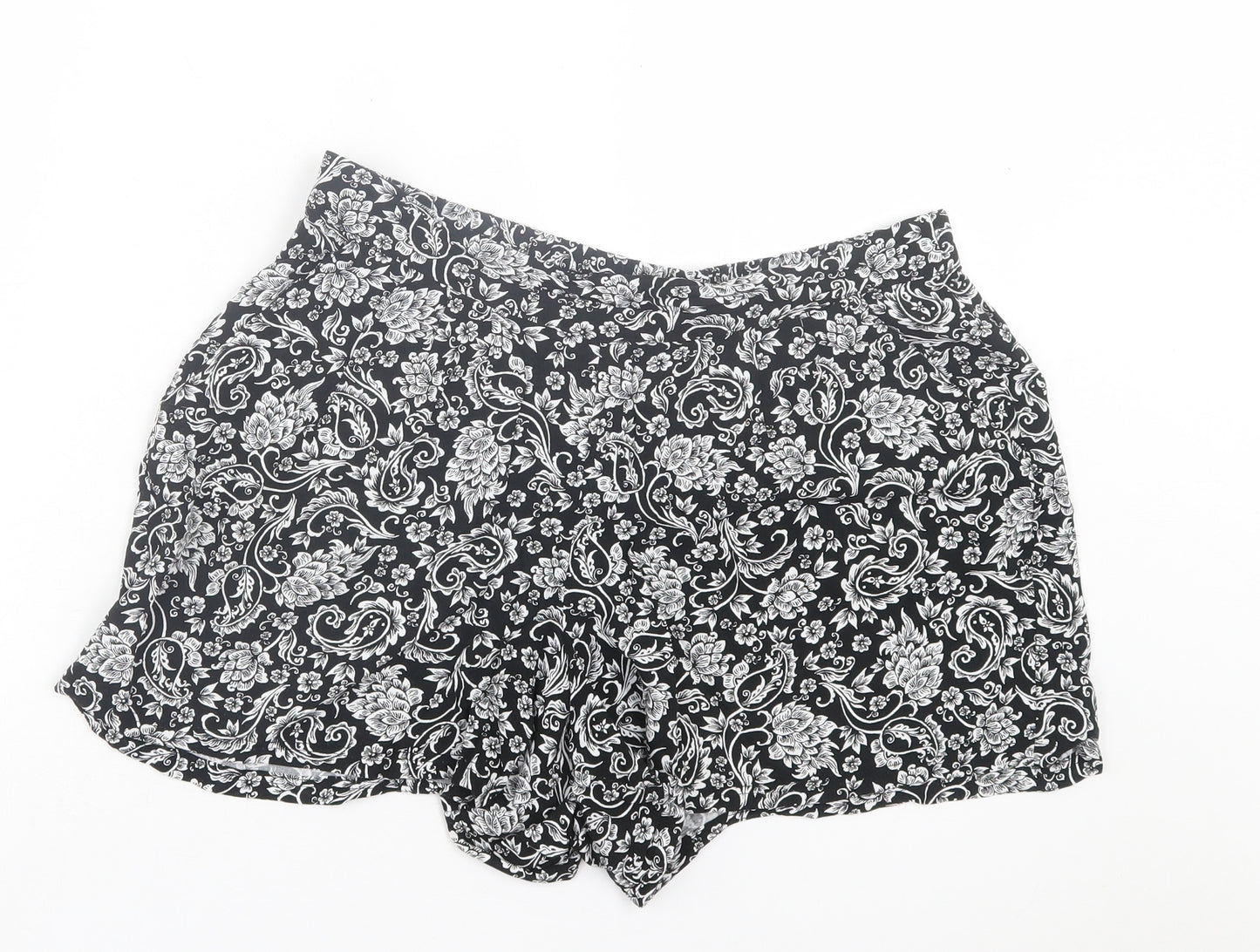 Peacocks Womens Black Paisley Viscose Paperbag Shorts Size 12 L3 in Regular Pull On - Black & White