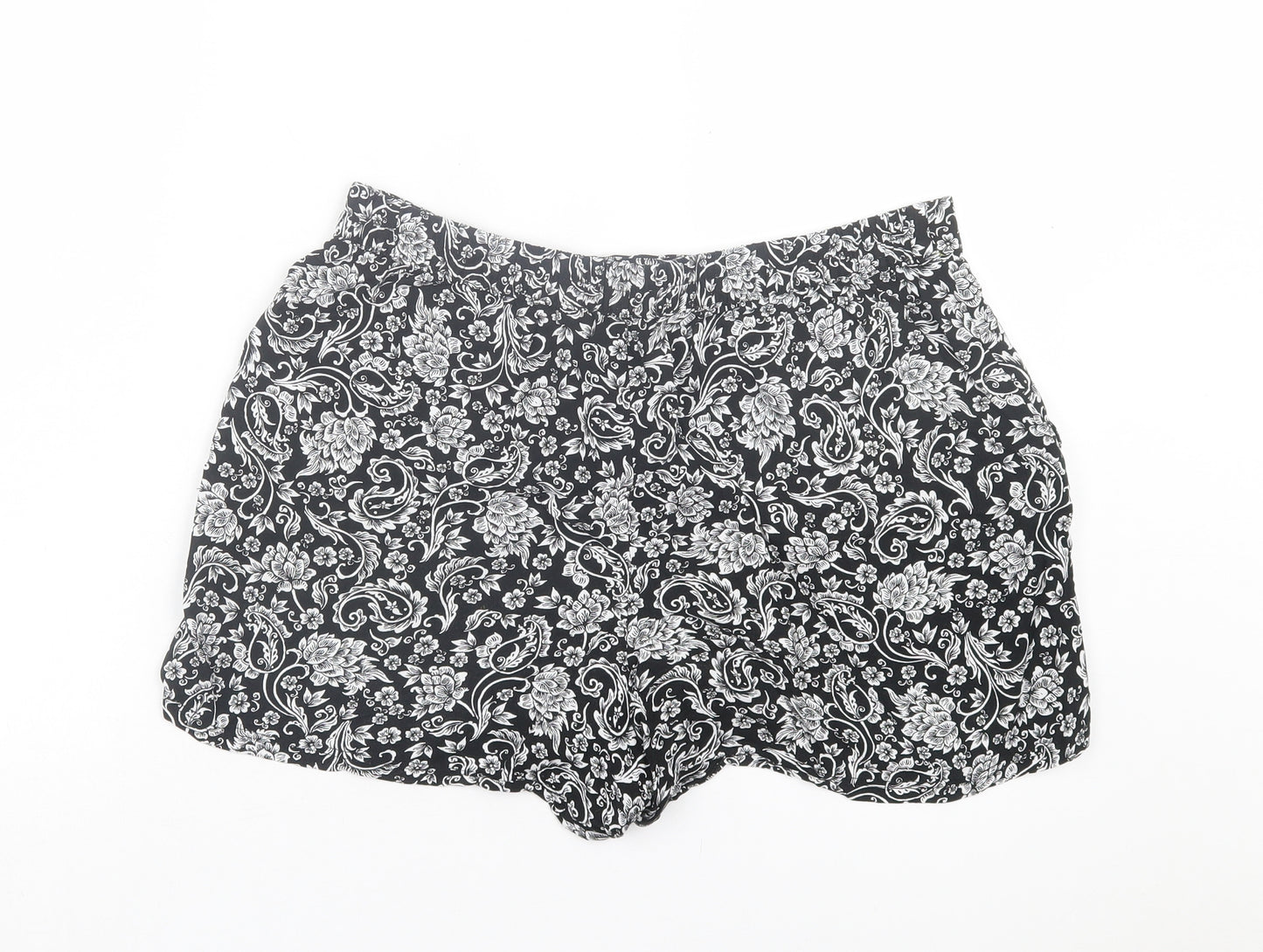 Peacocks Womens Black Paisley Viscose Paperbag Shorts Size 12 L3 in Regular Pull On - Black & White