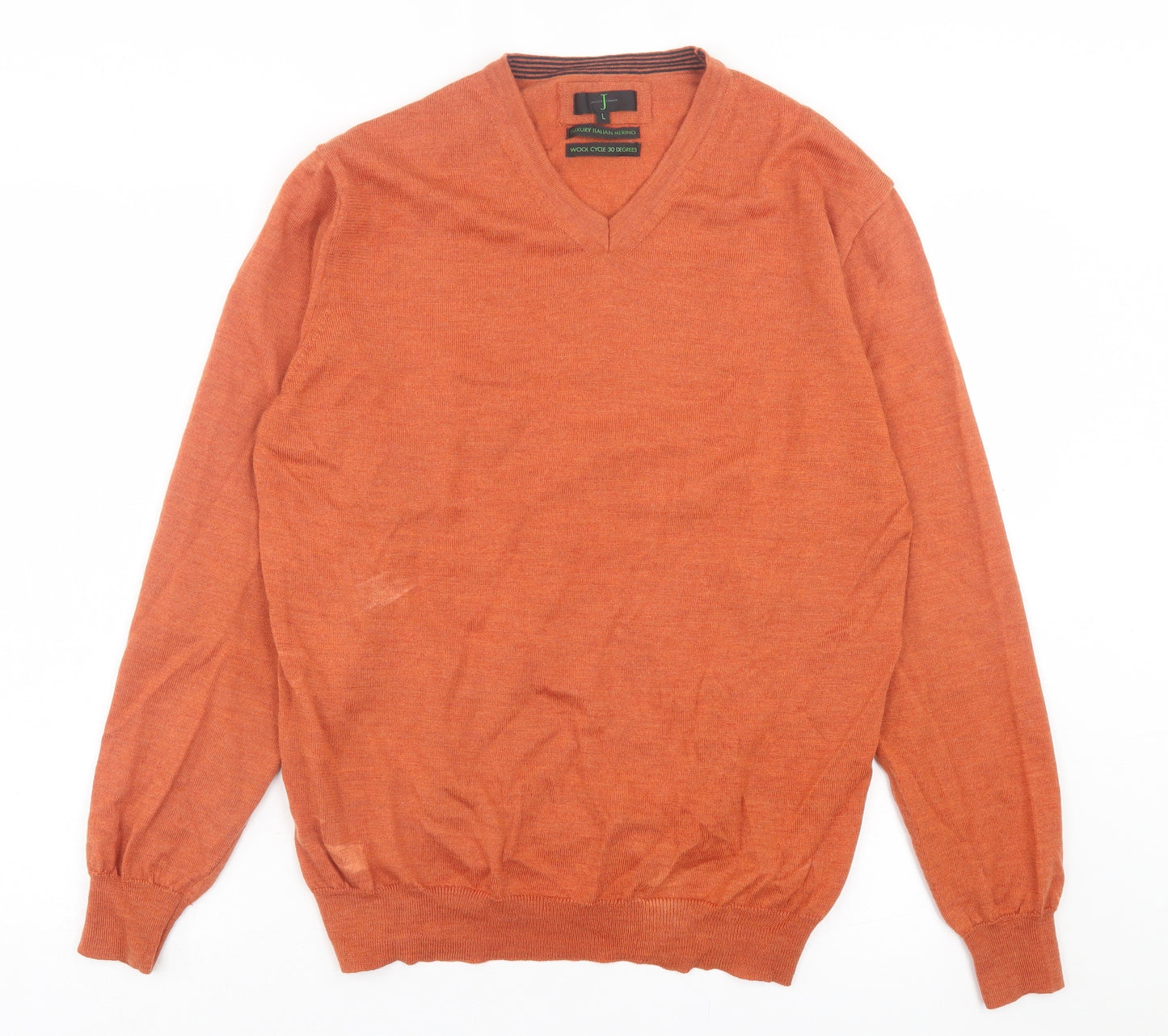 Jasper Conran Mens Orange V-Neck Wool Pullover Jumper Size L - Luxury Italian Merino