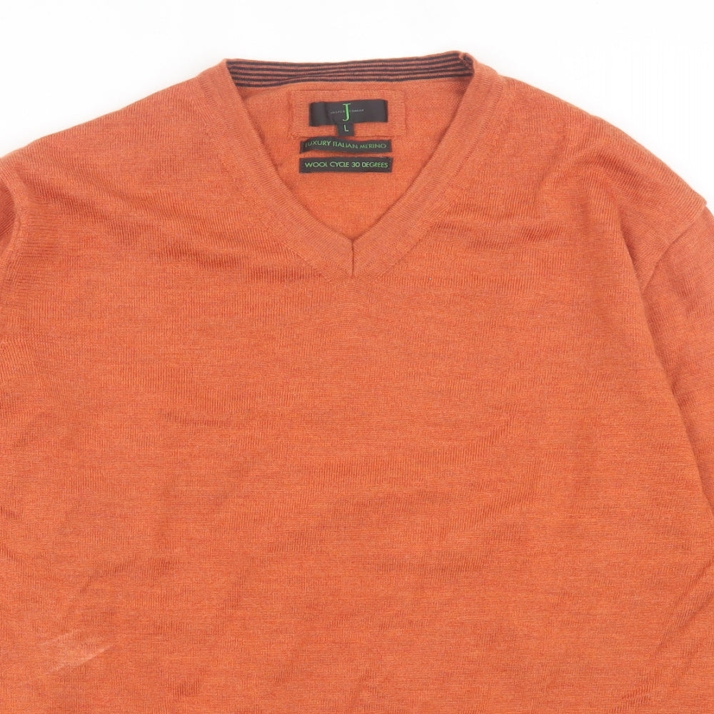 Jasper Conran Mens Orange V-Neck Wool Pullover Jumper Size L - Luxury Italian Merino