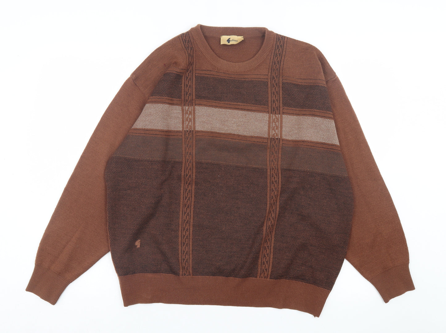 Gabicci Mens Brown Crew Neck Striped Wool Pullover Jumper Size XL