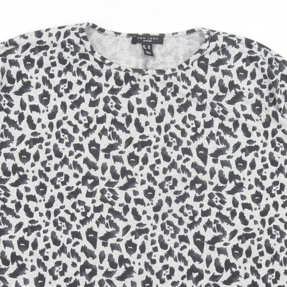 New Look Womens Grey Animal Print Polyester Basic T-Shirt Size 20 Crew Neck - Leopard Print