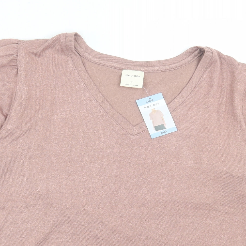 Mod Ref Womens Pink Viscose Basic T-Shirt Size L V-Neck - Tight Knit