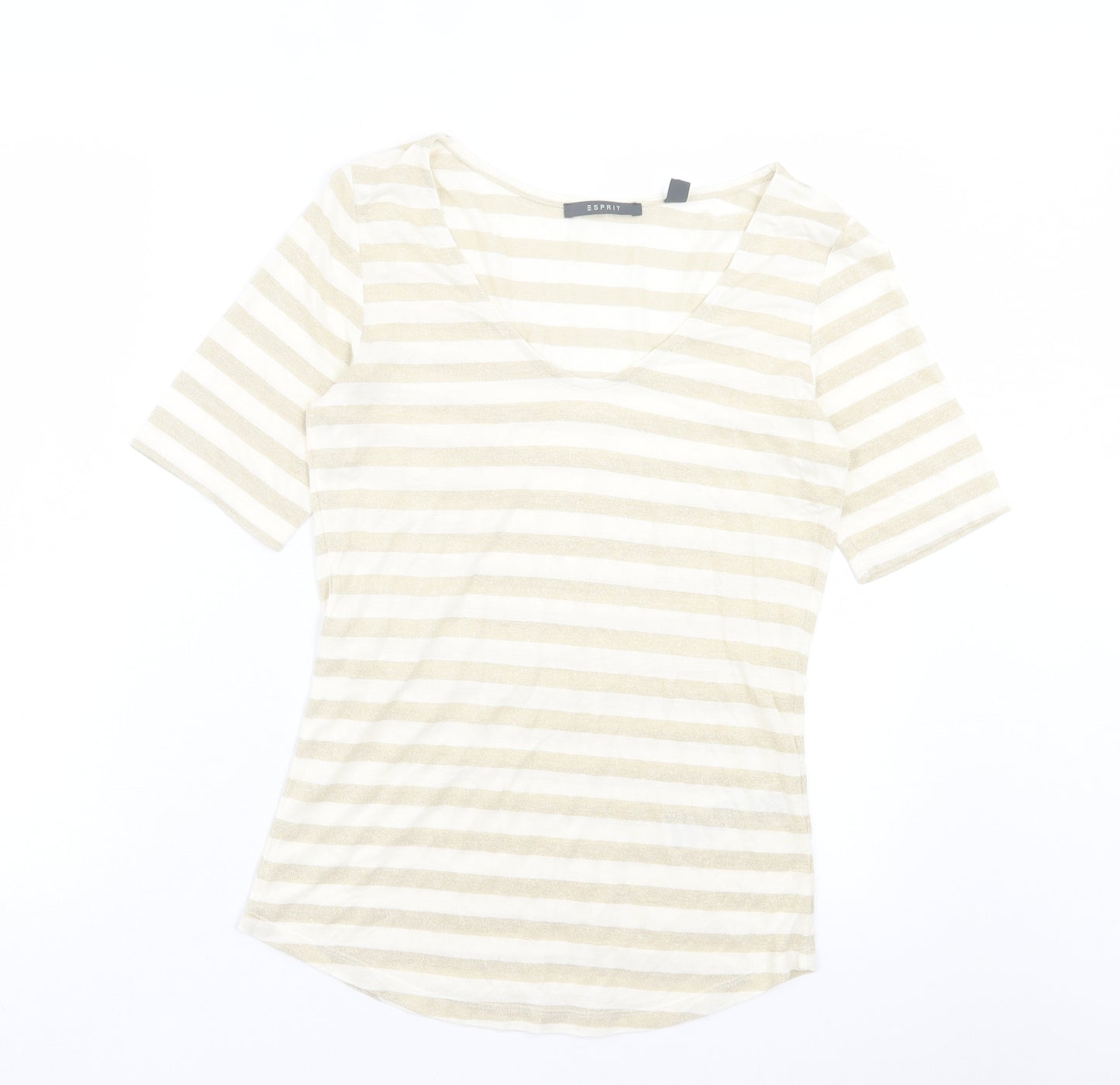 Esprit Womens Beige Striped Viscose Basic T-Shirt Size S Scoop Neck - Beige & Gold