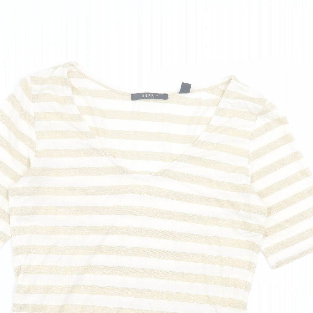 Esprit Womens Beige Striped Viscose Basic T-Shirt Size S Scoop Neck - Beige & Gold