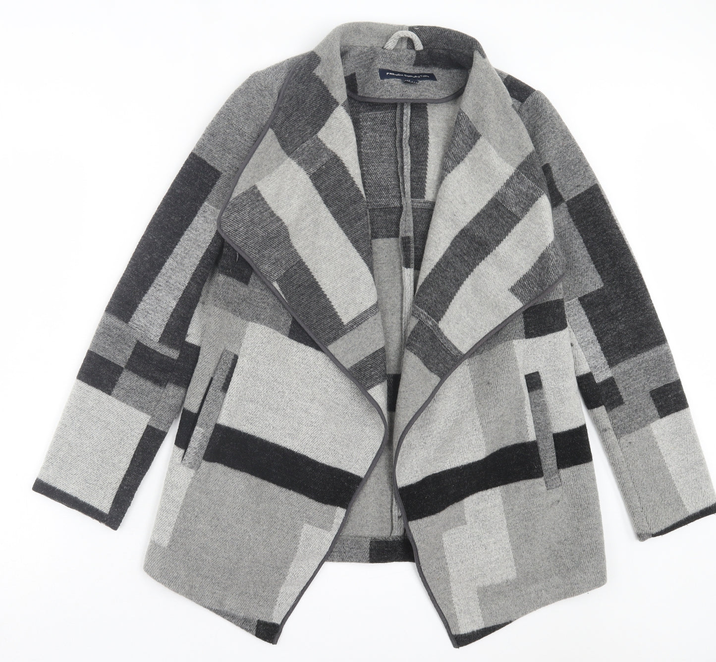 French Connection Womens Grey V-Neck Geometric Polyester Cardigan Jumper Size XS - Waterfall Cardigan