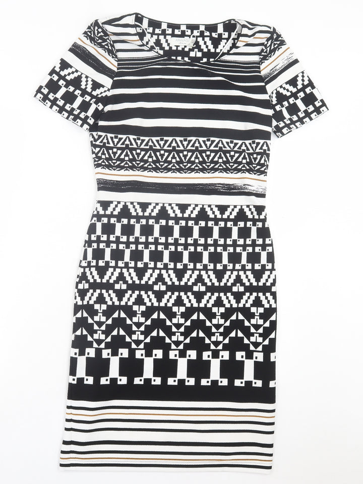 APANAGE Womens Black Geometric Polyester Pencil Dress Size 10 Crew Neck Pullover - Black, White & Gold