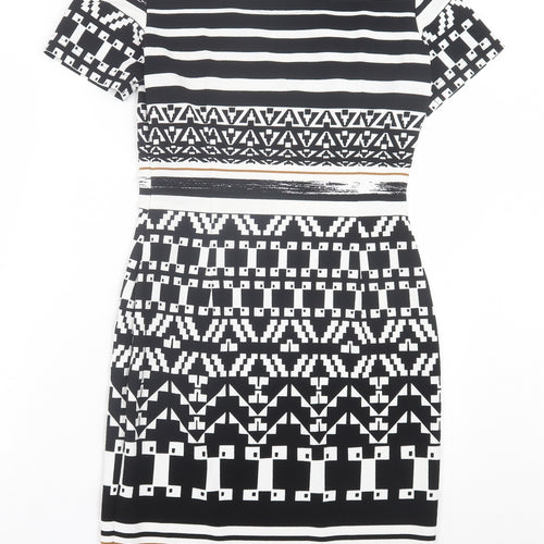APANAGE Womens Black Geometric Polyester Pencil Dress Size 10 Crew Neck Pullover - Black, White & Gold
