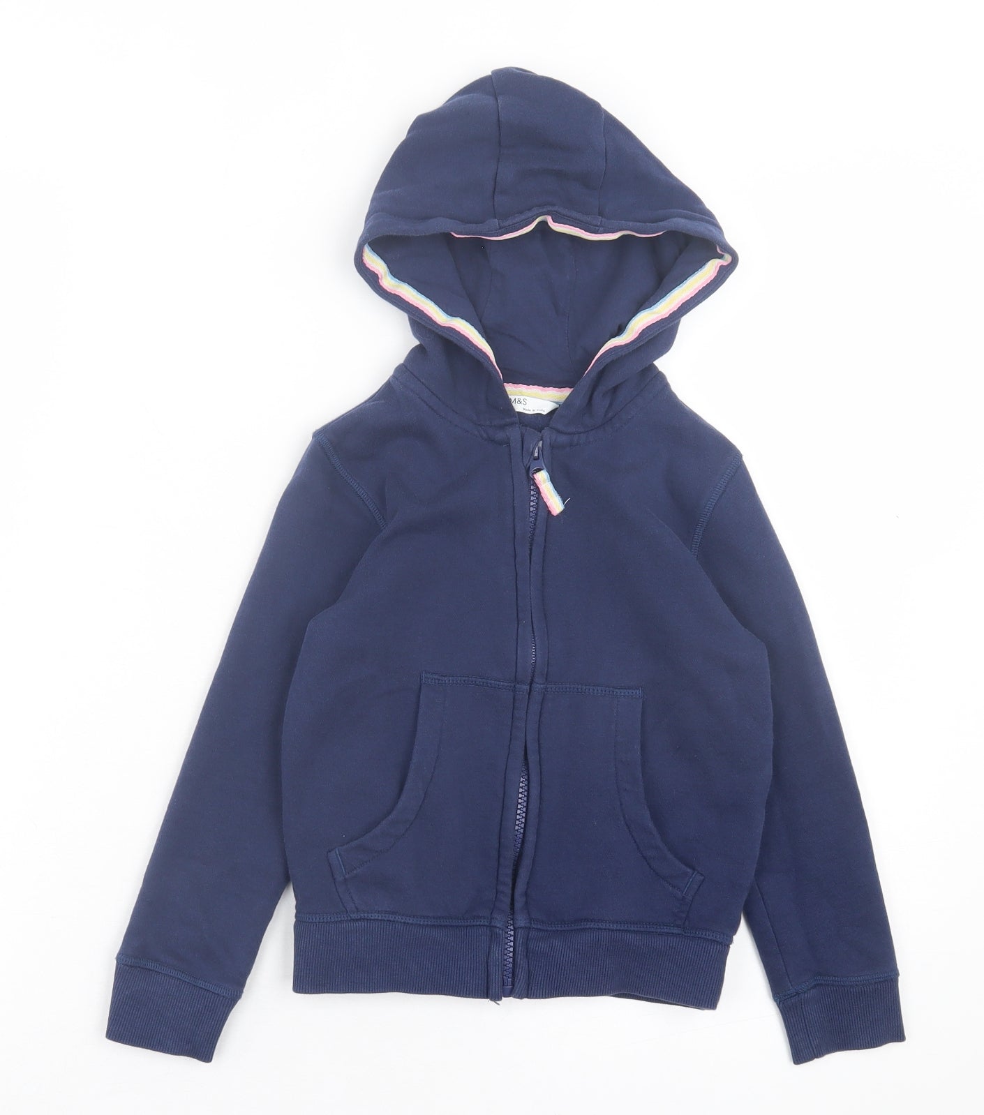 Marks and Spencer Girls Blue Cotton Full Zip Hoodie Size 5-6 Years Zip - Pink, White, Yellow & Blue Stripe
