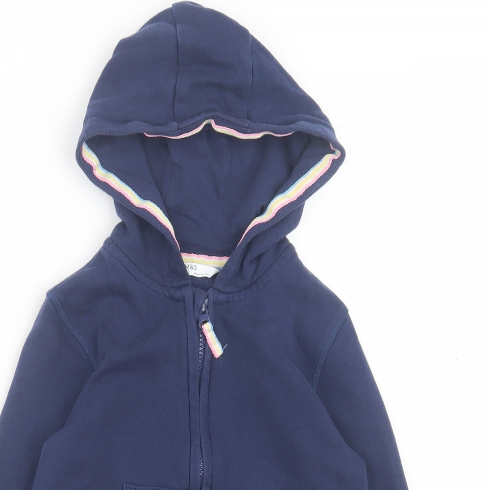 Marks and Spencer Girls Blue Cotton Full Zip Hoodie Size 5-6 Years Zip - Pink, White, Yellow & Blue Stripe