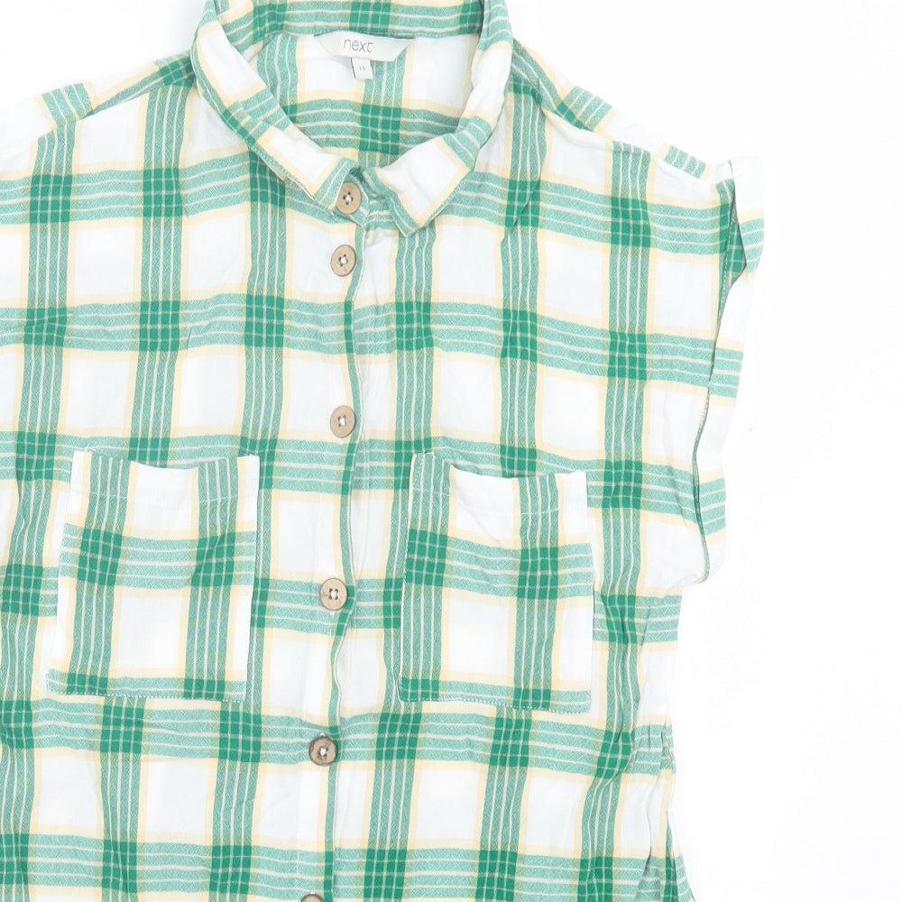 NEXT Womens Green Plaid Viscose Basic Button-Up Size 14 Collared - Tie at front, Pocket Detail