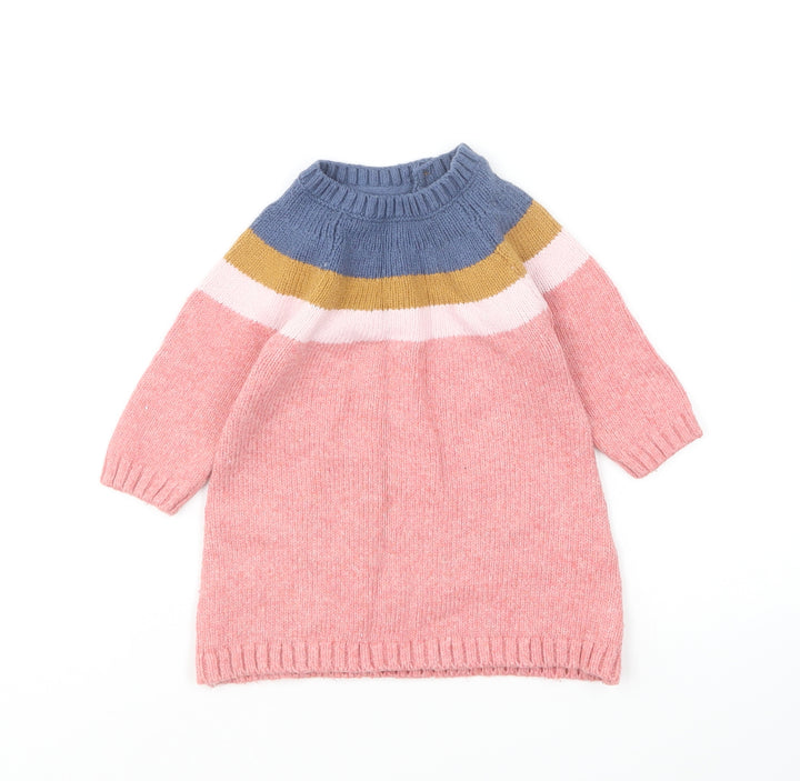 Marks and Spencer Girls Multicoloured Colourblock Cotton Jumper Dress Size 3-6 Months Round Neck Button