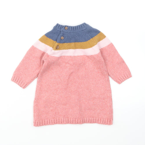 Marks and Spencer Girls Multicoloured Colourblock Cotton Jumper Dress Size 3-6 Months Round Neck Button