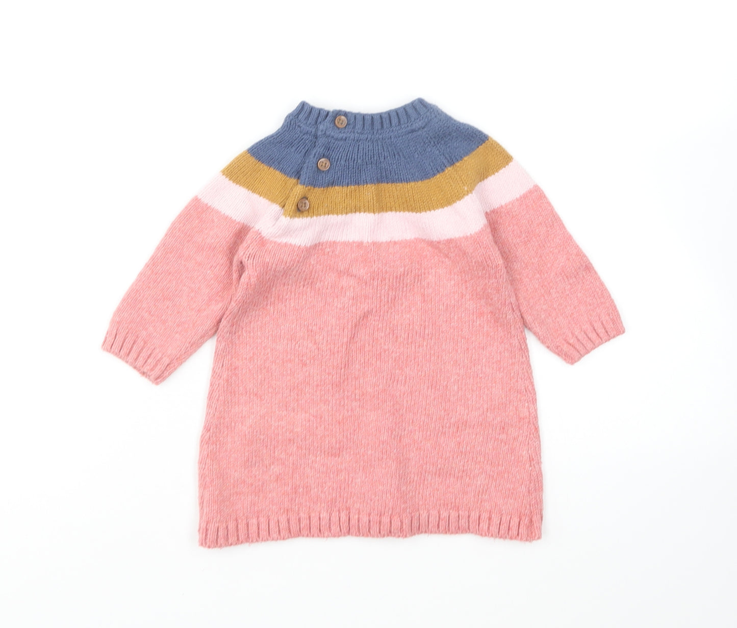 Marks and Spencer Girls Multicoloured Colourblock Cotton Jumper Dress Size 3-6 Months Round Neck Button