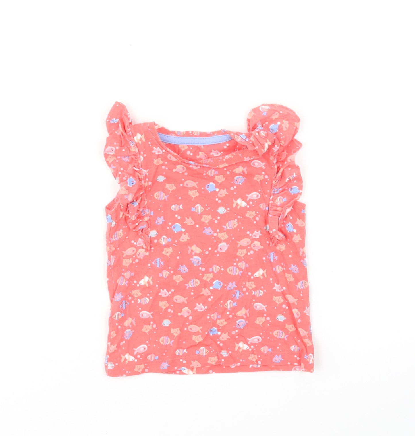Mothercare Girls Red Geometric Cotton Basic T-Shirt Size 6-9 Months Round Neck Pullover - Fish Print