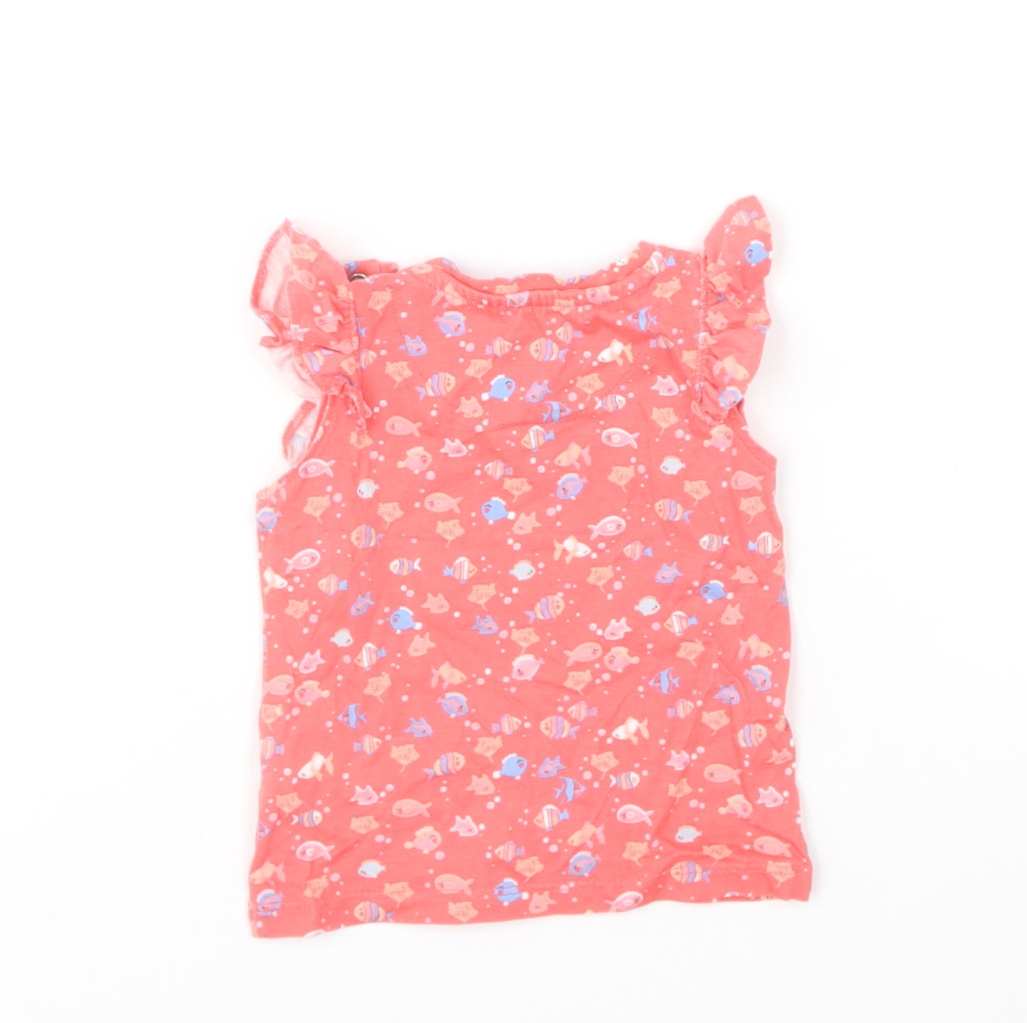 Mothercare Girls Red Geometric Cotton Basic T-Shirt Size 6-9 Months Round Neck Pullover - Fish Print