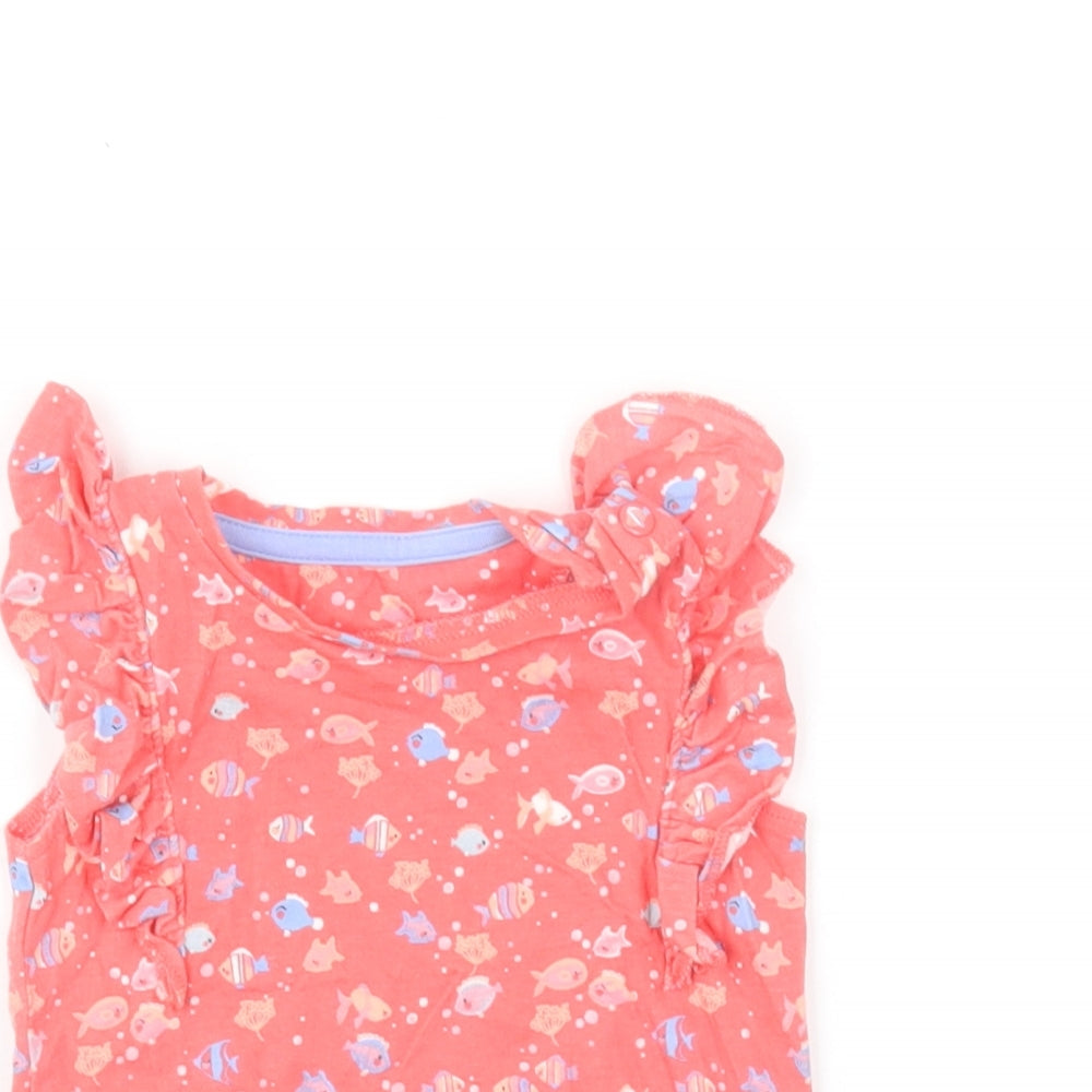 Mothercare Girls Red Geometric Cotton Basic T-Shirt Size 6-9 Months Round Neck Pullover - Fish Print