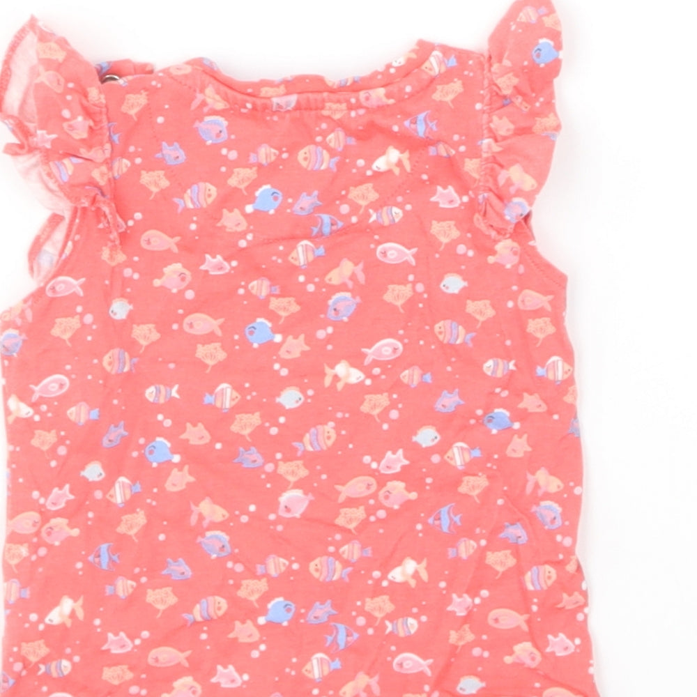 Mothercare Girls Red Geometric Cotton Basic T-Shirt Size 6-9 Months Round Neck Pullover - Fish Print