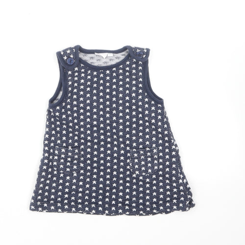 Blue Zoo Girls Blue Geometric Cotton Pinafore/Dungaree Dress Size 6-9 Months Square Neck Pullover - Stars