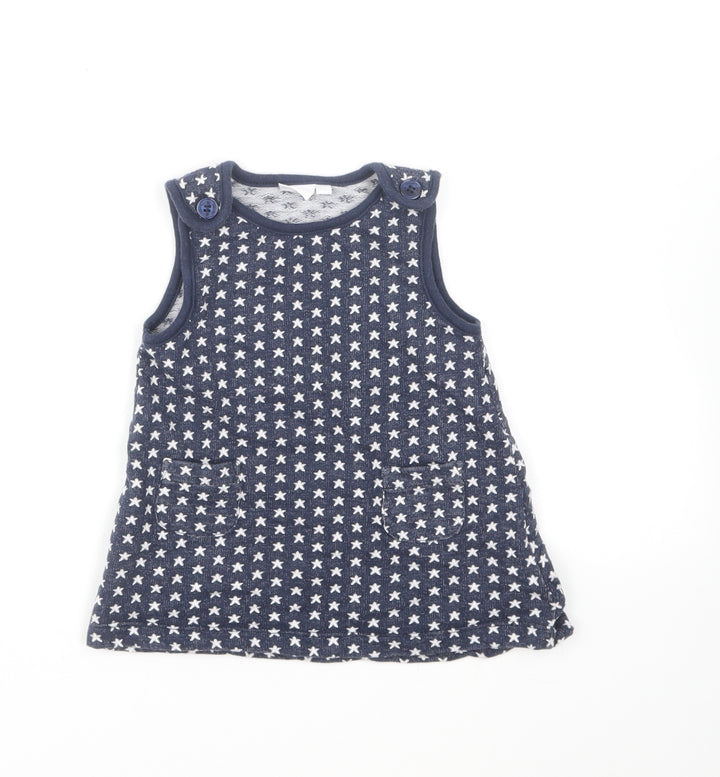 Blue Zoo Girls Blue Geometric Cotton Pinafore/Dungaree Dress Size 6-9 Months Square Neck Pullover - Stars