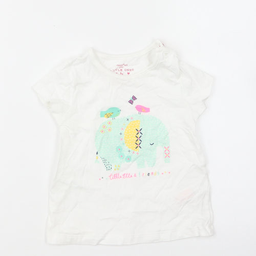 F&F Girls White Cotton Basic T-Shirt Size 12-18 Months Round Neck Pullover - Ellie The Elephant