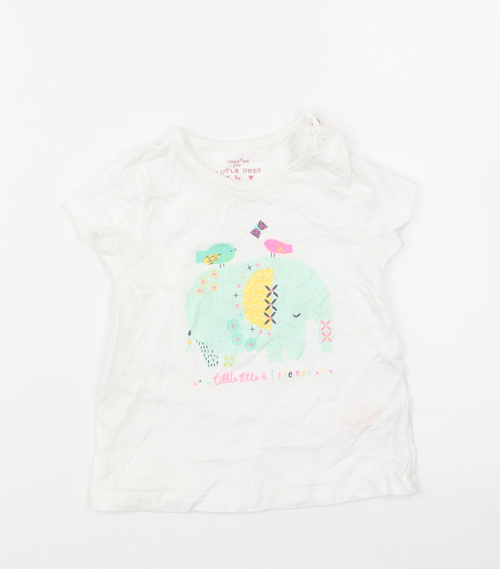 F&F Girls White Cotton Basic T-Shirt Size 12-18 Months Round Neck Pullover - Ellie The Elephant