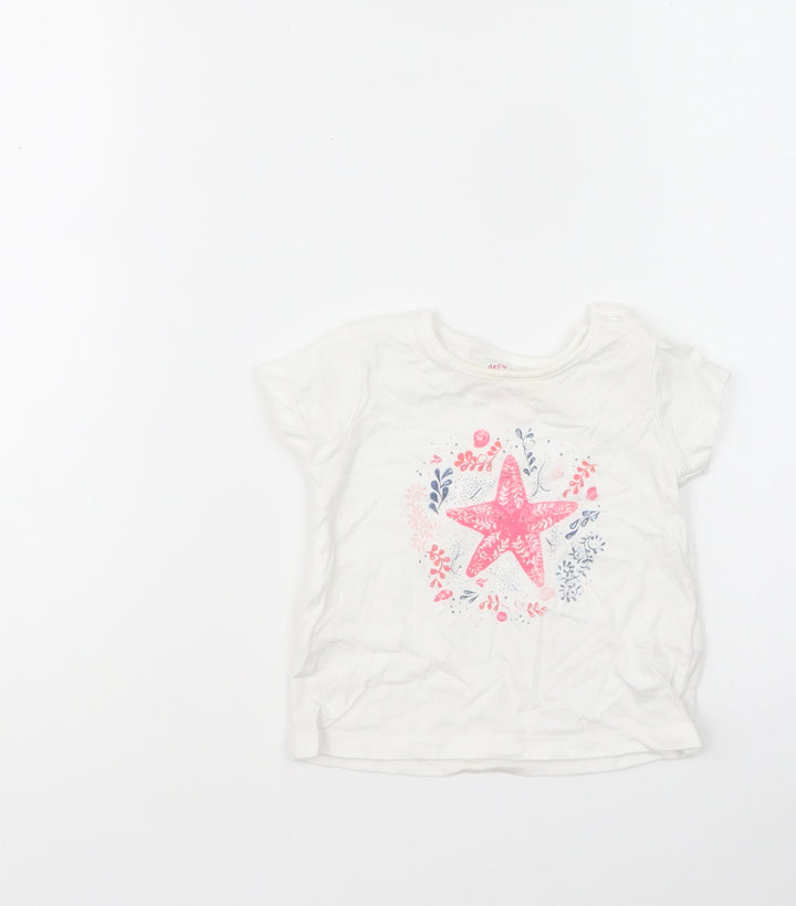 F&F Girls White Cotton Basic T-Shirt Size 9-12 Months Round Neck Pullover - Star