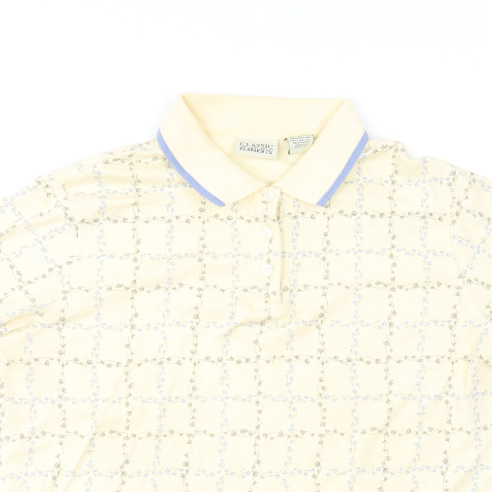 Classic Elements Womens Yellow Floral Cotton Basic Polo Size M Collared