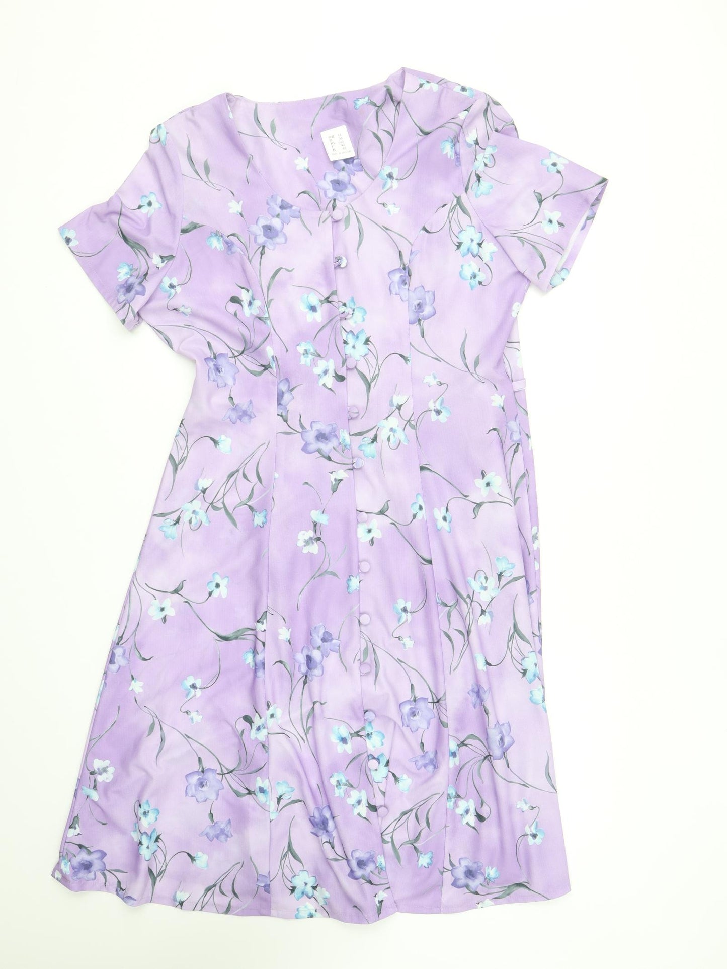 Preworn Womens Purple Floral Polyester A-Line Size 14 Round Neck Button