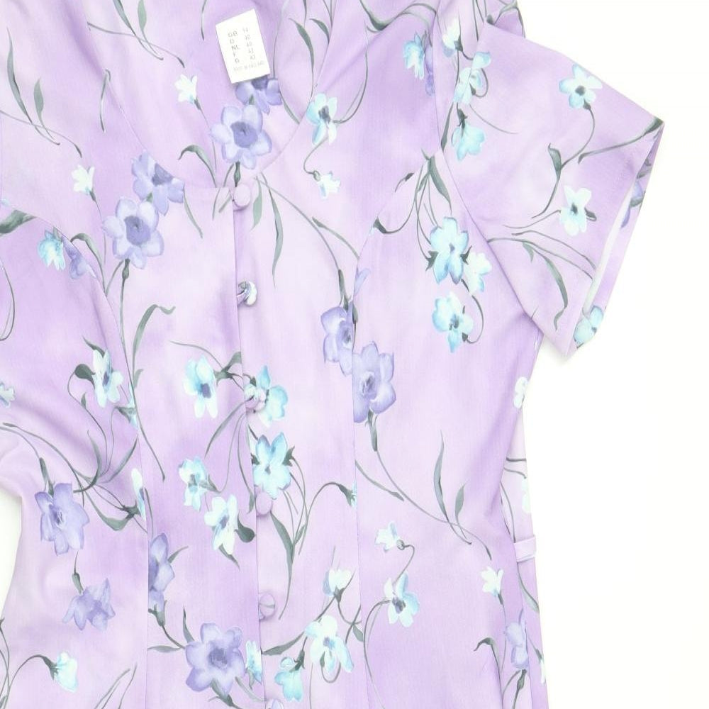 Preworn Womens Purple Floral Polyester A-Line Size 14 Round Neck Button