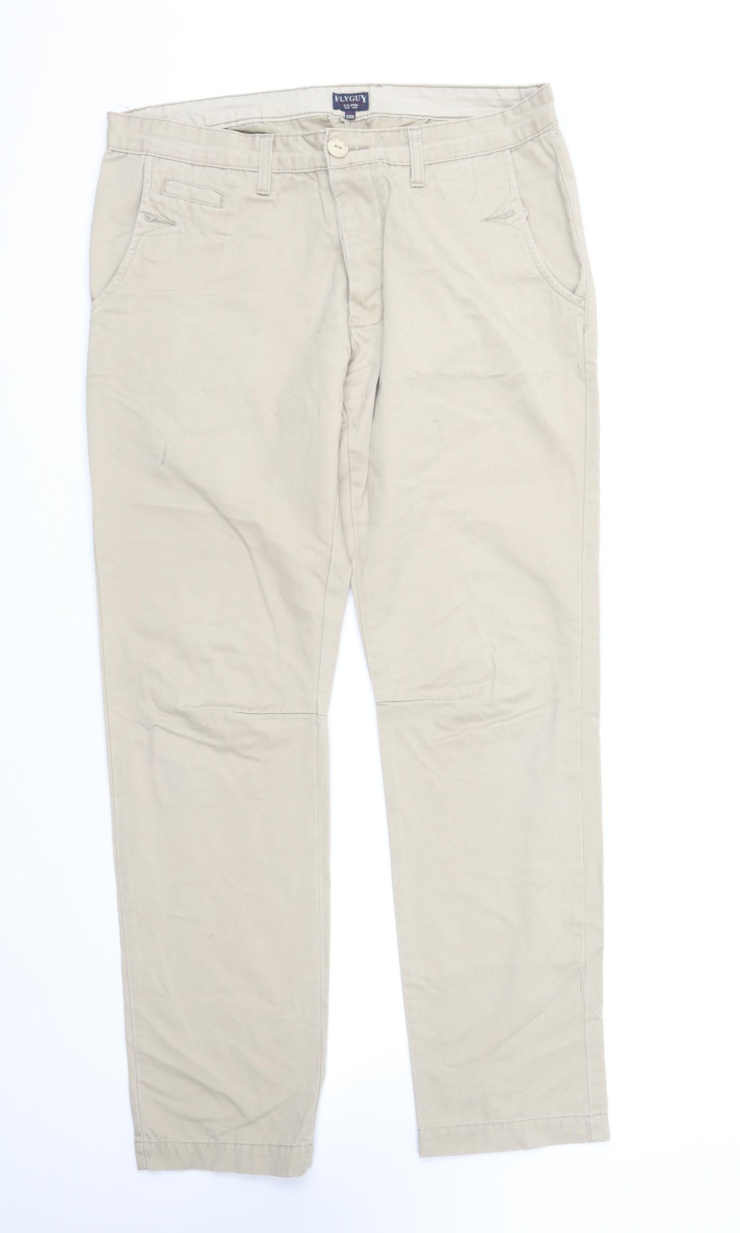 Fly Guy Mens Beige Cotton Chino Trousers Size 32 in L30 in Regular Button