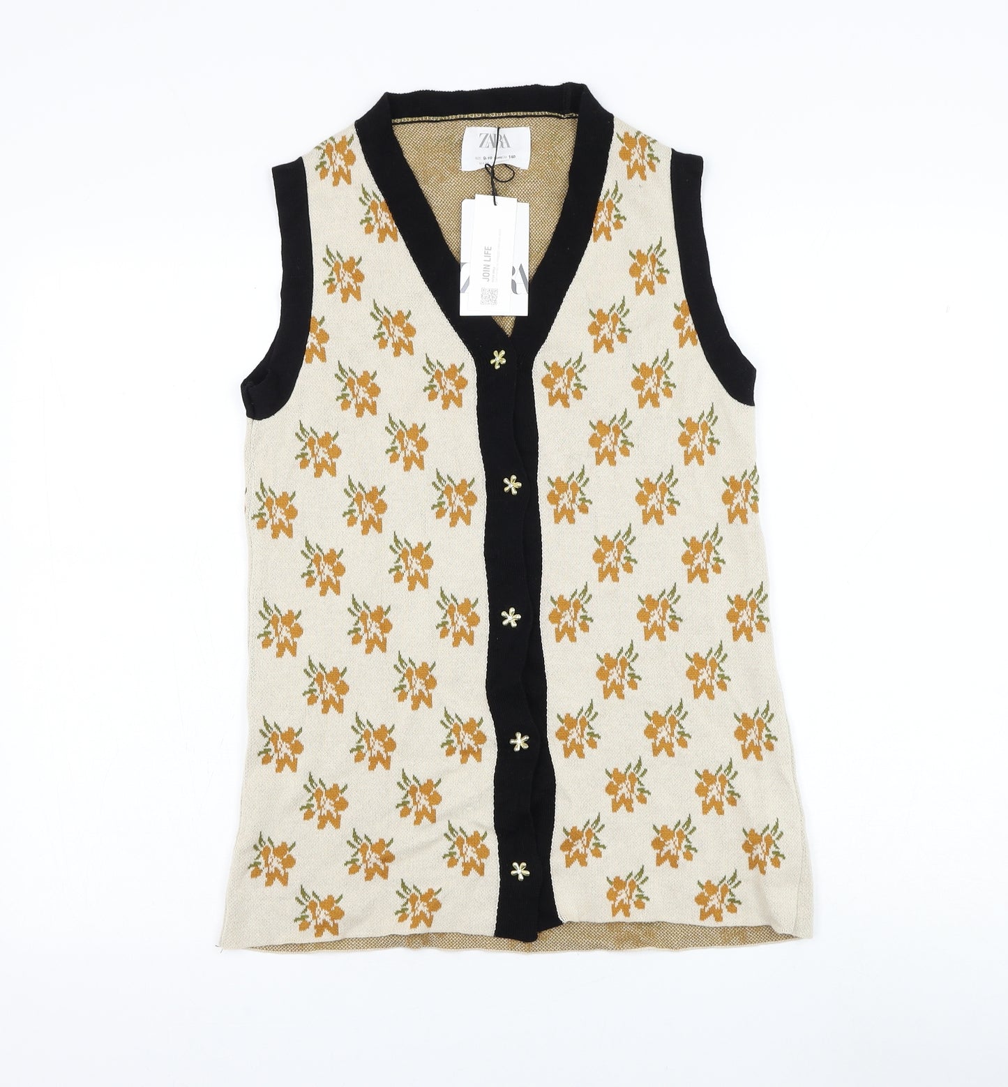 Zara Girls Beige V-Neck Floral Cotton Cardigan Jumper Size 9-10 Years Button