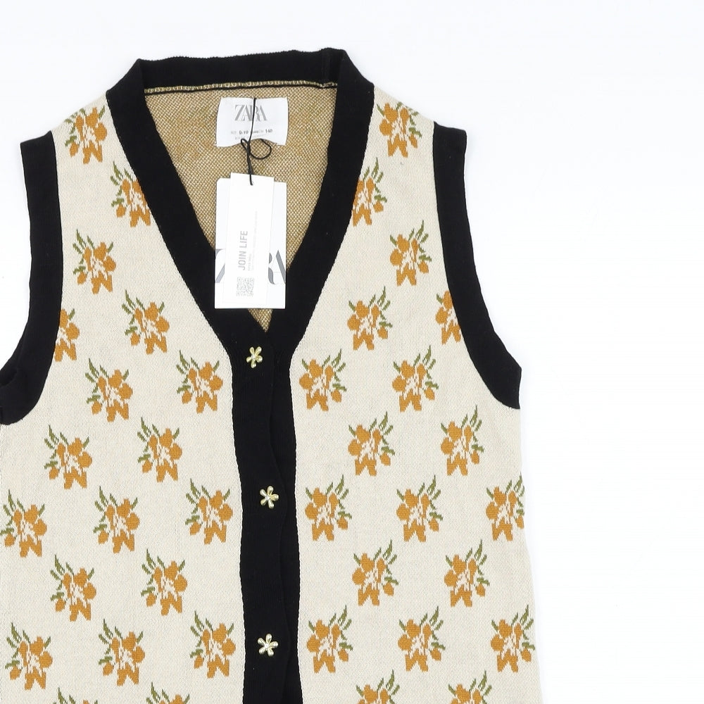 Zara Girls Beige V-Neck Floral Cotton Cardigan Jumper Size 9-10 Years Button