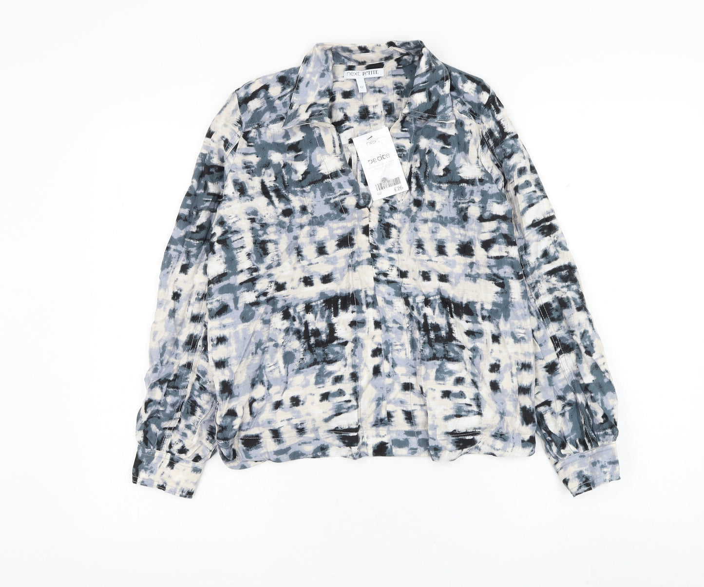 NEXT Womens Grey Geometric Viscose Basic Button-Up Size 6 Collared