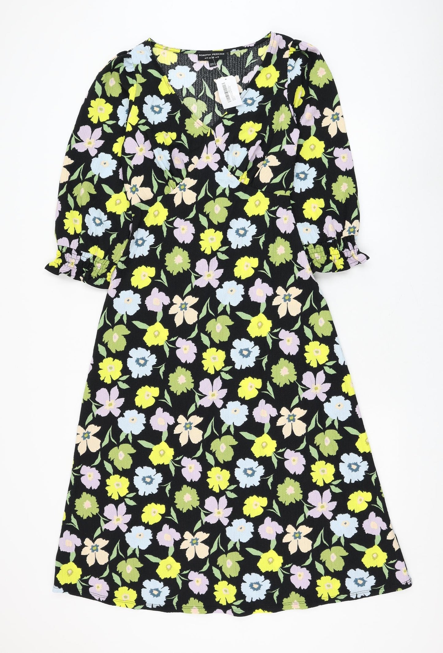 Dorothy Perkins Womens Black Floral Polyester A-Line Size 8 V-Neck Pullover