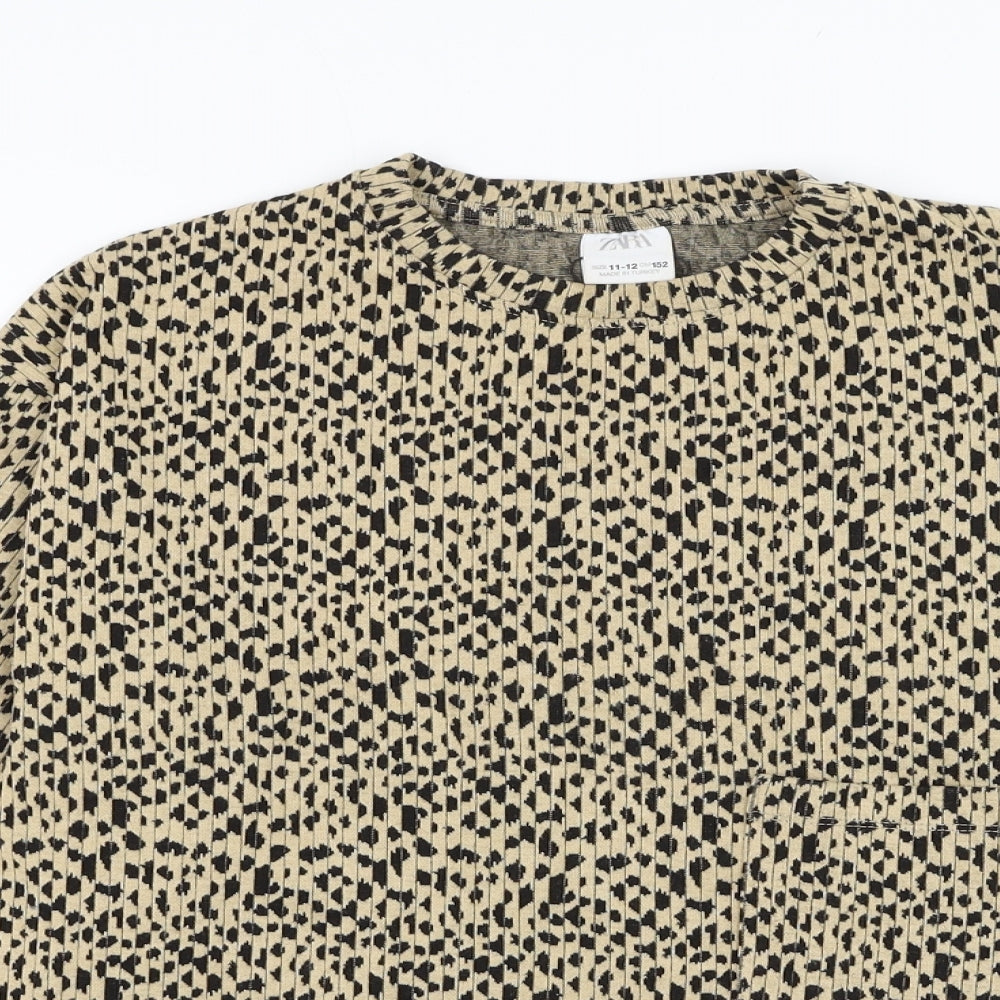 Zara Girls Brown Round Neck Animal Print Polyester Pullover Jumper Size 11-12 Years Pullover