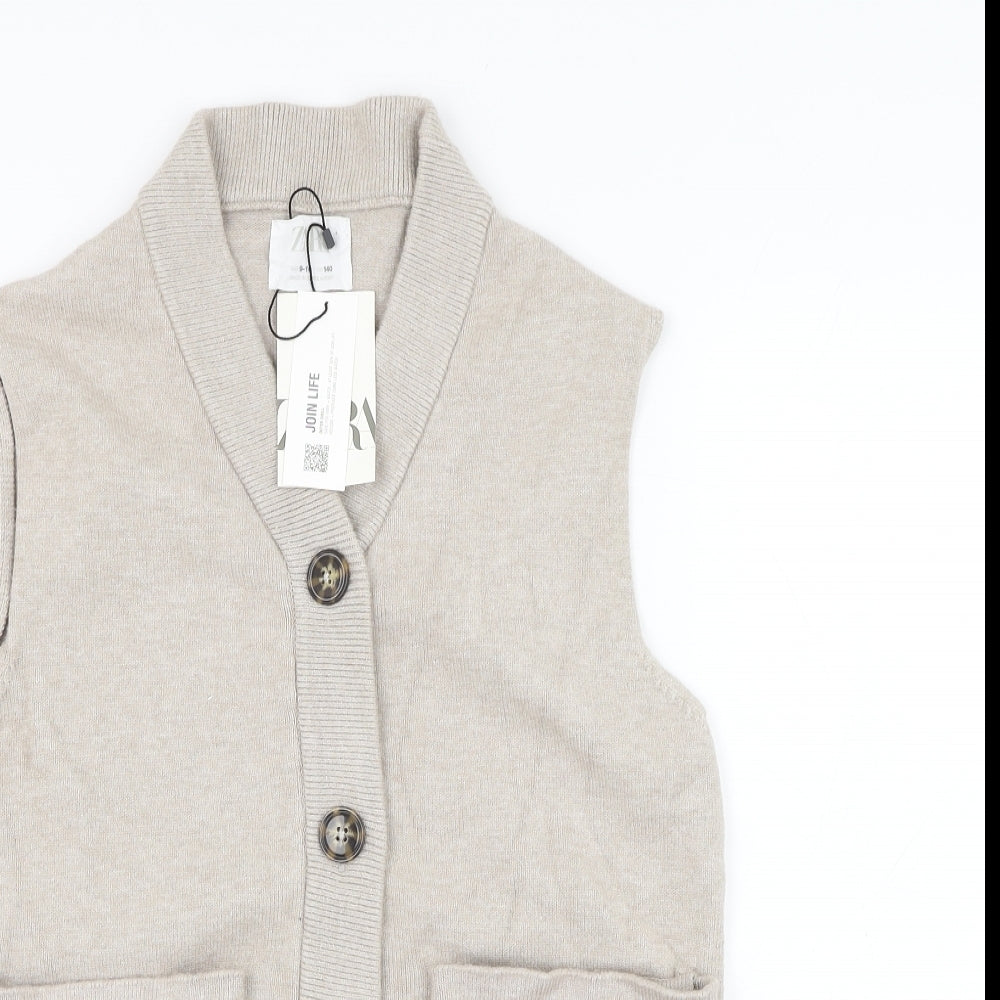 Zara Girls Beige V-Neck Viscose Cardigan Jumper Size 9-10 Years Button