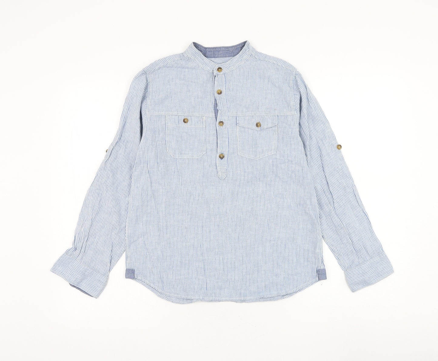 H&M Boys Blue Striped Linen Basic Button-Up Size 11-12 Years Round Neck Button