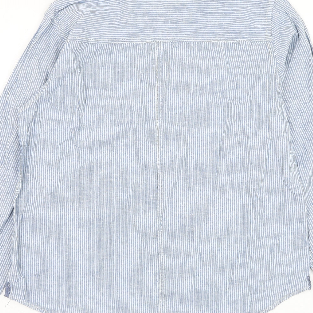 H&M Boys Blue Striped Linen Basic Button-Up Size 11-12 Years Round Neck Button