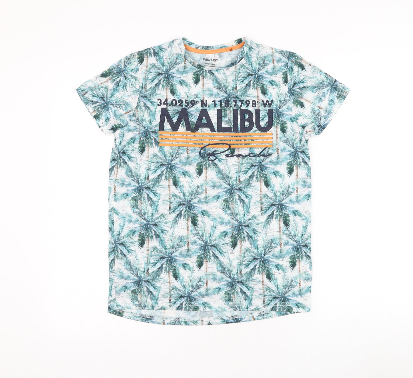 Primark Boys Green Geometric Polyester Basic T-Shirt Size 10-11 Years Round Neck Pullover - Malibu