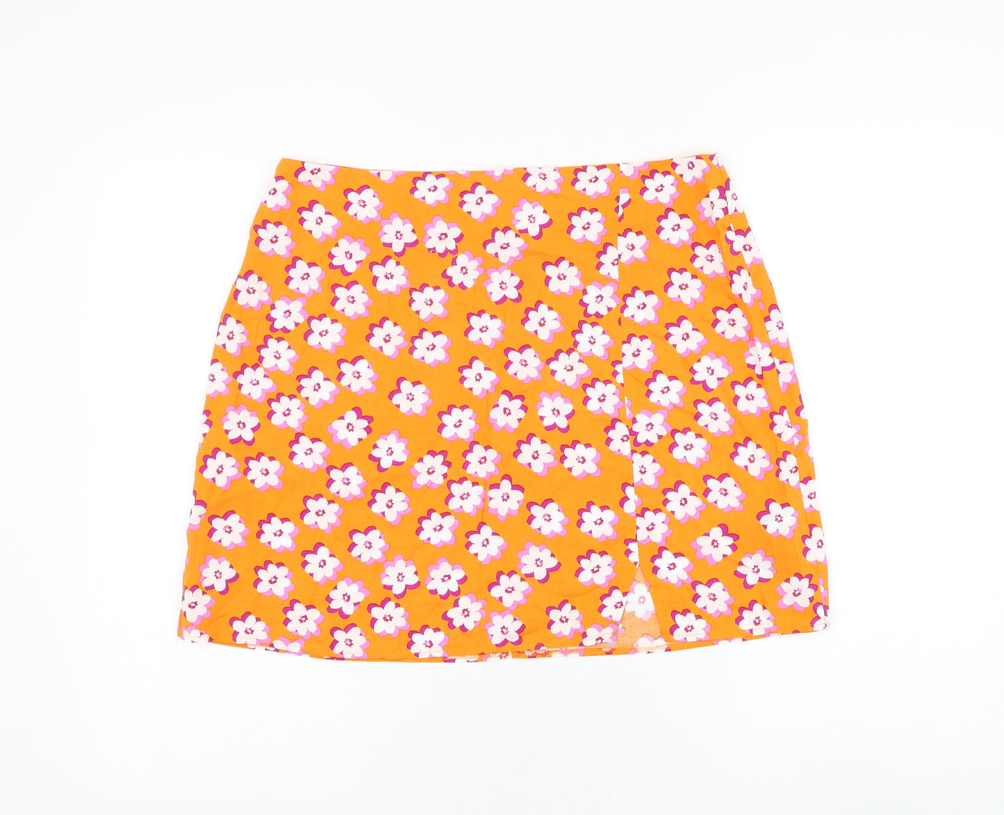 Primark Womens Orange Floral Polyester Mini Skirt Size 14 Zip
