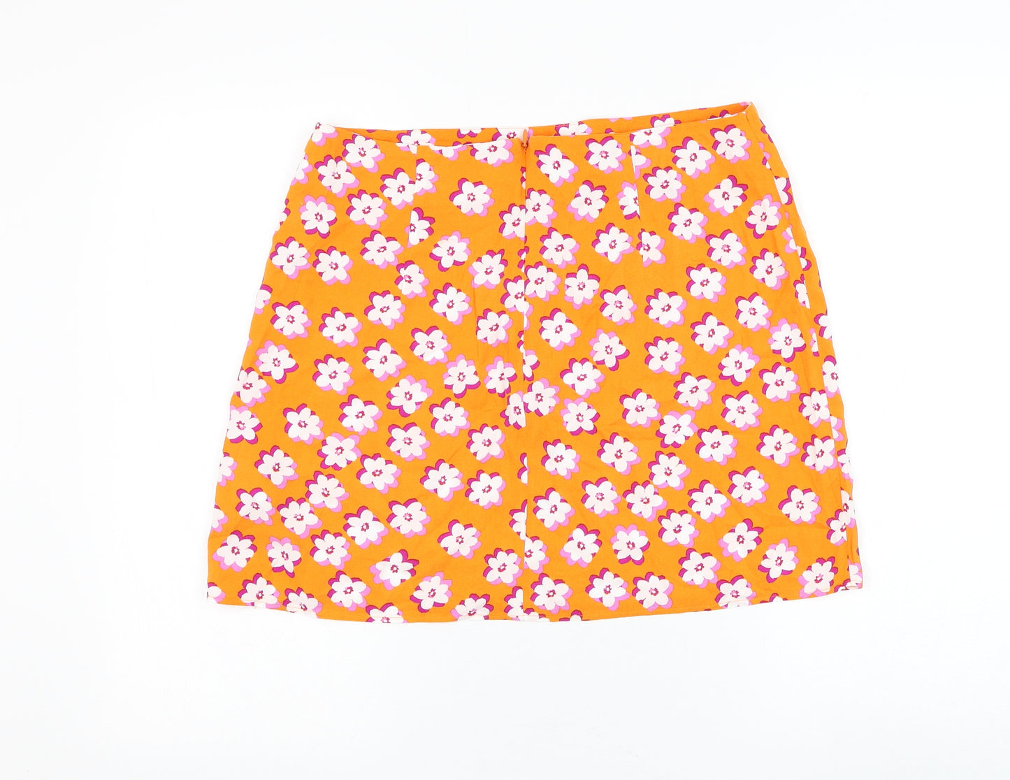Primark Womens Orange Floral Polyester Mini Skirt Size 14 Zip