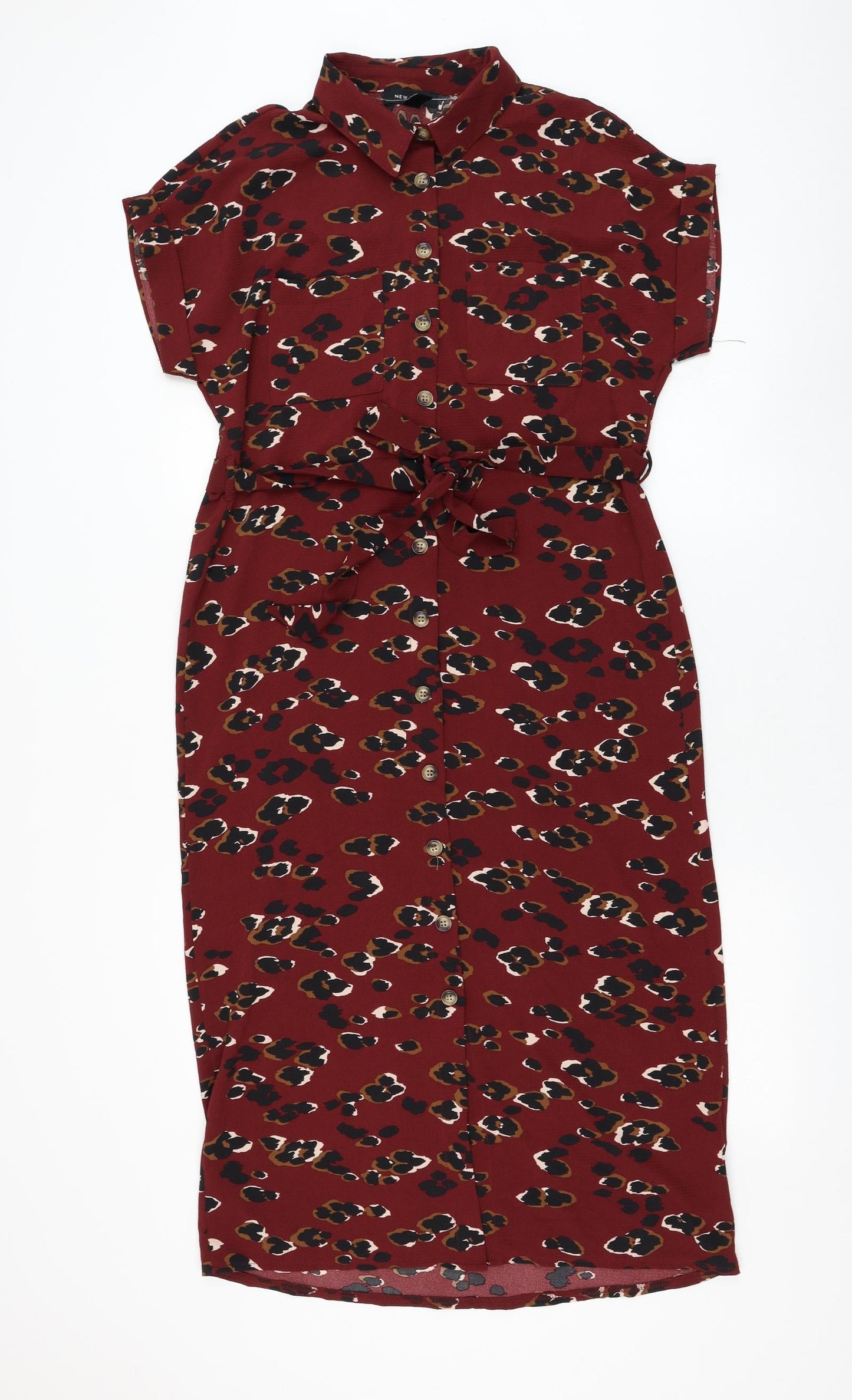 New Look Womens Red Animal Print Polyester Shirt Dress Size 10 Collared Button - Leopard Print