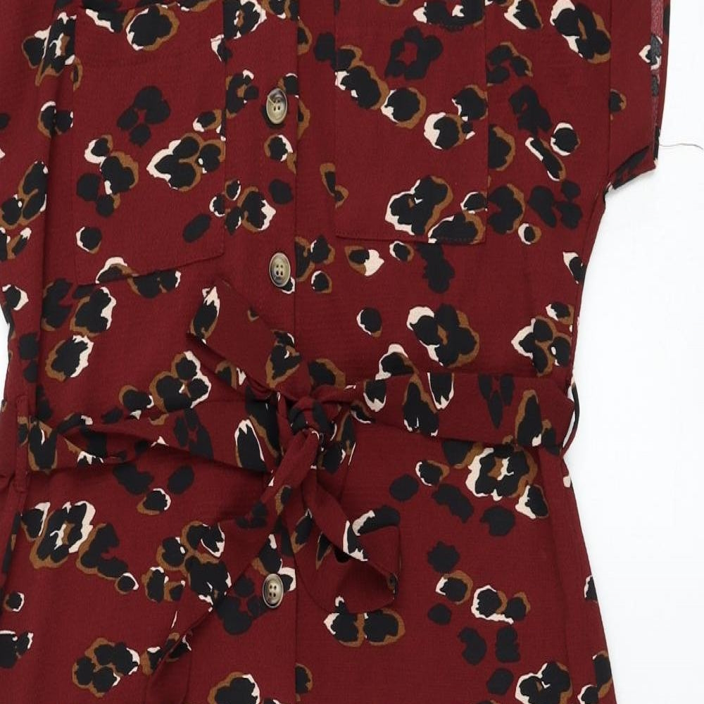 New Look Womens Red Animal Print Polyester Shirt Dress Size 10 Collared Button - Leopard Print