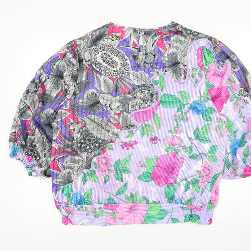 Nui Womens Purple Floral Polyester Basic Blouse Size L Round Neck