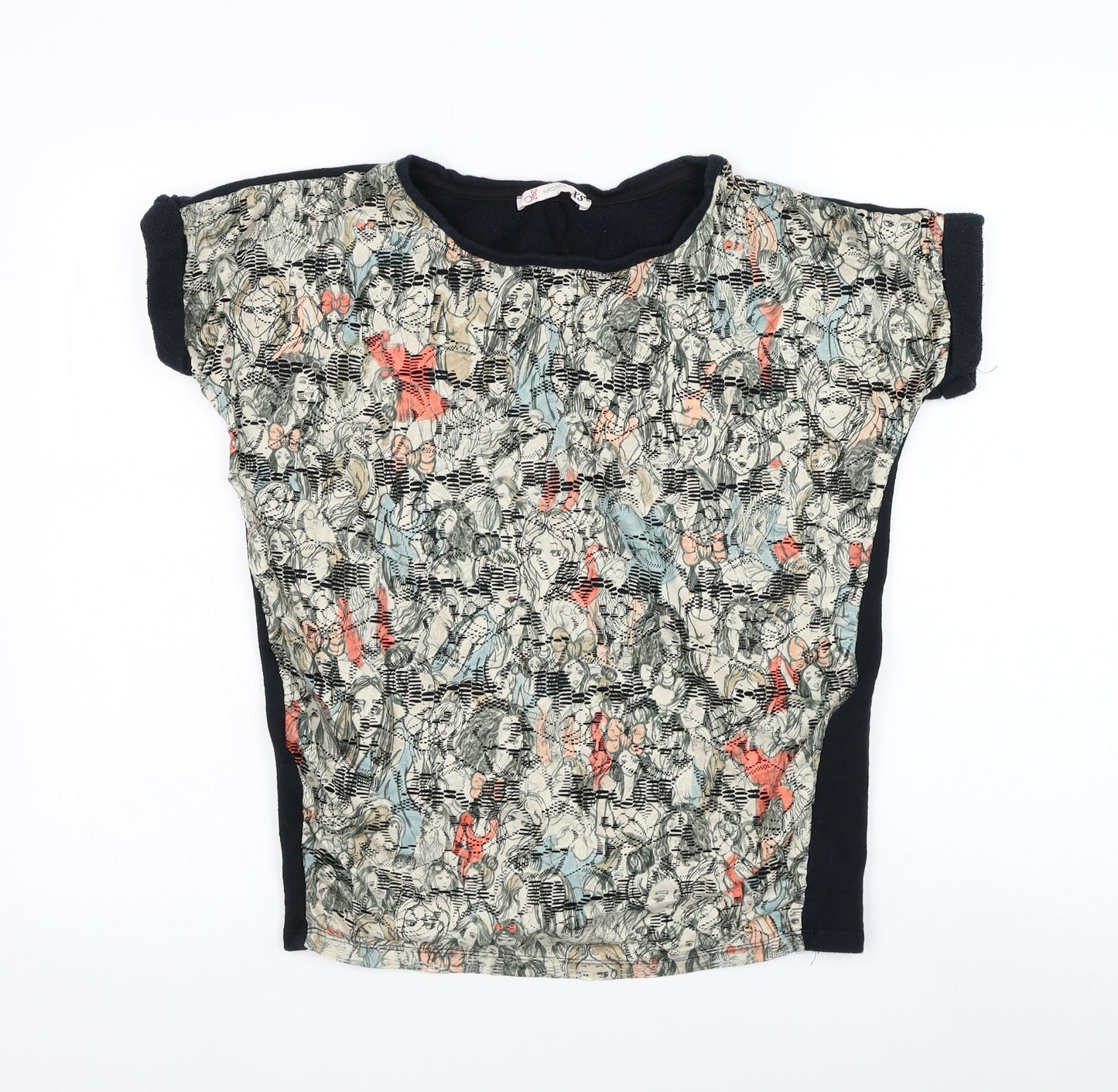 Koton Womens Black Geometric Cotton Basic T-Shirt Size XS Round Neck