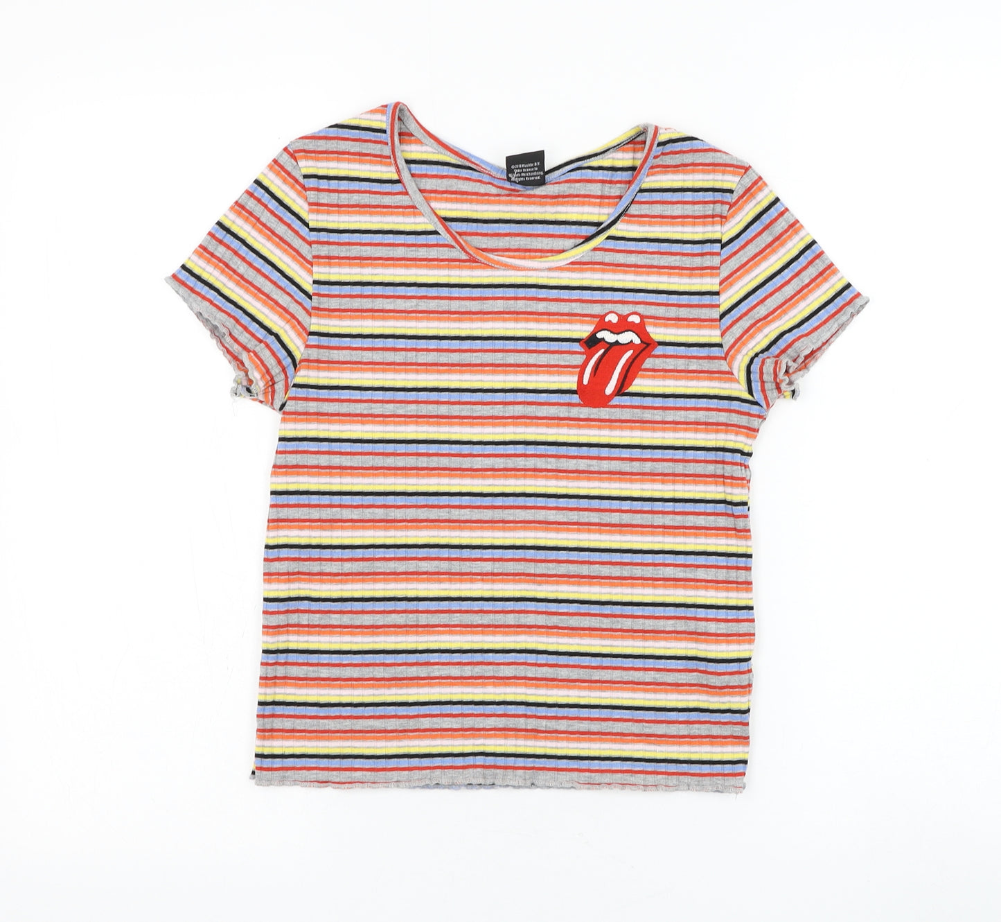 Primark Womens Multicoloured Striped Polyester Basic T-Shirt Size 12 Round Neck - The Rolling Stones