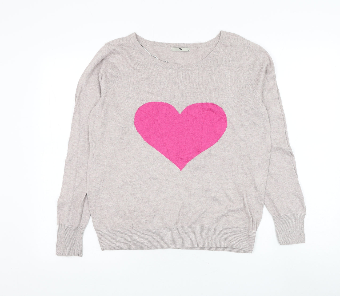 TU Womens Grey Round Neck Viscose Pullover Jumper Size 16 - Heart