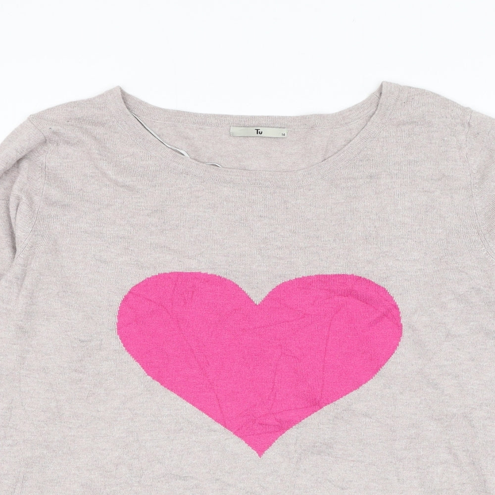 TU Womens Grey Round Neck Viscose Pullover Jumper Size 16 - Heart