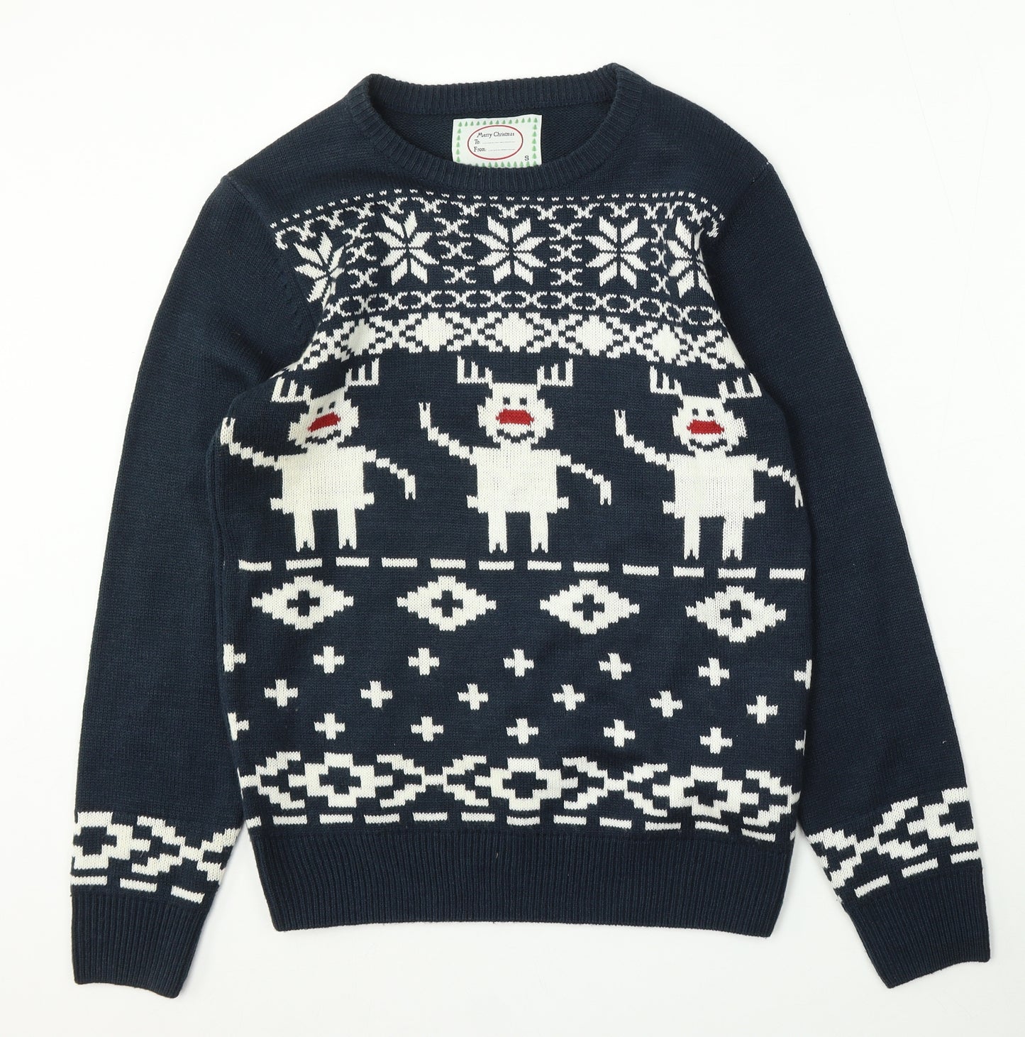 Preworn Womens Blue Round Neck Polyester Pullover Jumper Size S - Christmas Reindeer